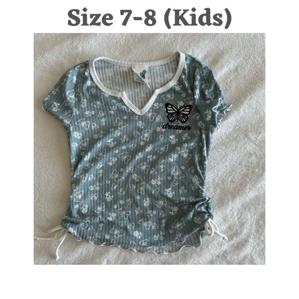 Lily Bleu Girls Blue Butterfly Print T-Shirt V-Neck Short Sleeve Size 7-8